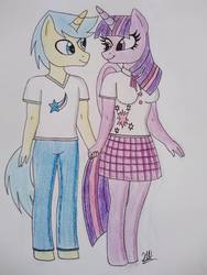 Size: 780x1040 | Tagged: safe, artist:hiroultimate, comet tail, twilight sparkle, alicorn, anthro, g4, female, holding hands, male, ship:cometlight, shipping, straight, traditional art, twilight sparkle (alicorn)