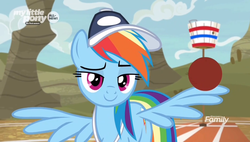 Size: 1898x1080 | Tagged: safe, screencap, rainbow dash, pegasus, pony, common ground, g4, ball, cap, coach rainbow dash, female, hat, hooves, looking at you, mare, smiling, smirk, solo, spread wings, wingboner, wings