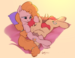 Size: 1124x863 | Tagged: safe, artist:luciferamon, bright mac, pear butter, earth pony, pony, g4, season 7, the perfect pear, brightabetes, cute, ear fluff, eyes closed, female, gradient background, male, mare, pearabetes, ship:brightbutter, shipping, sleeping, smiling, stallion, straight