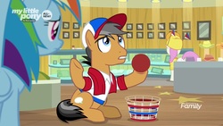 Size: 1280x720 | Tagged: safe, screencap, quibble pants, rainbow dash, twinkleshine, earth pony, pegasus, pony, common ground, g4, ball, basket, cap, clothes, hat, palindrome get, shirt