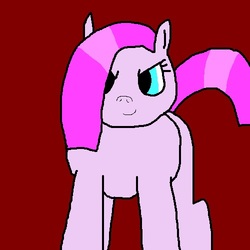 Size: 500x500 | Tagged: safe, artist:undeadponysoldier, pinkie pie, earth pony, pony, g4, alternate hairstyle, could be better, evil grin, female, grin, looking at you, mare, pinkamena diane pie, red background, simple background, smiling, solo