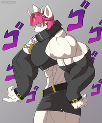 Size: 2500x3000 | Tagged: safe, artist:mopyr, oc, oc only, oc:fort, original species, anthro, abs, anthro oc, anthro only, belt, clothes, collar, female, gloves, high res, horn, jojo's bizarre adventure, lock, long gloves, menacing, muscles, pecs, pose, solo
