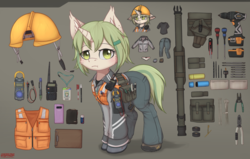 Size: 2872x1828 | Tagged: safe, artist:orang111, oc, pony, unicorn, cellphone, clipboard, engineer, helmet, phone, pliers, safety vest, screwdriver, tools, walkie talkie, wallet