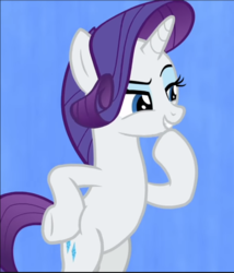 Size: 660x772 | Tagged: safe, screencap, rarity, pony, unicorn, g4, she's all yak, beautiful, bipedal, blue background, blue eyes, cropped, female, fit right in, grin, hoof on hip, lidded eyes, light blue background, looking at someone, mare, narrowed eyes, raised eyebrow, raised hoof, simple background, singing, smiling, solo, standing up, thinking, underhoof