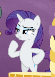 Size: 548x770 | Tagged: safe, screencap, rarity, yona, pony, unicorn, yak, g4, she's all yak, bipedal, cropped, eyeshadow, female, fit right in, hoof on hip, lidded eyes, looking at someone, makeup, mare, narrowed eyes, offscreen character, purple background, raised eyebrow, raised hoof, simple background, singing, smiling, smug, solo focus, standing up
