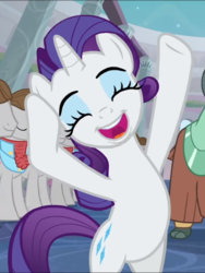 Size: 580x770 | Tagged: safe, screencap, rarity, yona, pony, unicorn, yak, g4, she's all yak, background pony, bipedal, cloven hooves, cropped, cute, eyes closed, eyeshadow, faic, female, fit right in, happy, makeup, male, mare, obscured face, offscreen character, open mouth, raised hoof, raribetes, singing, smiling, solo focus, stallion, standing up