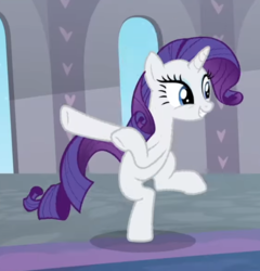 Size: 603x628 | Tagged: safe, screencap, rarity, pony, unicorn, g4, she's all yak, bipedal, cropped, dancing, excited, female, fit right in, mare, raised hoof, smiling, solo, underhoof
