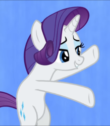 Size: 671x770 | Tagged: safe, screencap, rarity, pony, unicorn, g4, she's all yak, bipedal, blue background, cropped, female, fit right in, lidded eyes, mare, simple background, solo, spread hooves