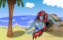 Size: 1024x662 | Tagged: safe, artist:sorasleafeon, oc, oc only, oc:shadow sora, zora, anthro, abs, anthro oc, beach, blue eyes, blue sky, blue swimsuit, clothes, cloud, coconut, coconut tree, crossover, fins, food, looking at you, ocean, original character do not steal, palm tree, partial nudity, relaxed, relaxing, rock, sitting, smiling, smirk, solo, speedo, sunny day, swimming trunks, swimsuit, the legend of zelda, topless, transformation, tree, warm, water