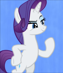 Size: 665x770 | Tagged: safe, screencap, rarity, pony, unicorn, g4, she's all yak, bipedal, blue background, confident, cropped, eyeshadow, female, fit right in, hoof on hip, looking at someone, makeup, mare, narrowed eyes, raised eyebrow, raised hoof, simple background, smiling, smirk, solo