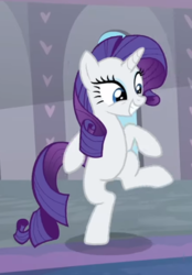 Size: 467x671 | Tagged: safe, screencap, rarity, pony, unicorn, g4, she's all yak, bipedal, cropped, cute, dancing, excited, female, fit right in, grin, looking at someone, mare, raised leg, raribetes, smiling, solo, standing, standing on one leg