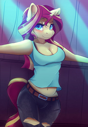Size: 2200x3200 | Tagged: safe, artist:ardail, sunset shimmer, unicorn, anthro, belly button, blushing, breasts, cleavage, clothes, concert, female, jeans, looking at you, mare, midriff, pants, ripped jeans, solo, stage, tanktop