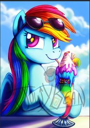 Size: 590x832 | Tagged: safe, artist:jowyb, rainbow dash, pegasus, pony, g4, aside glance, drinking straw, female, food, looking at you, mare, obtrusive watermark, signature, solo, sundae, sunglasses, watermark