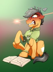Size: 3057x4096 | Tagged: safe, artist:lupiarts, quibble pants, earth pony, pony, g4, angry, blushing, book, clothes, high res, hoofbutt, male, rage, reading, signature, sitting, solo, stallion, teeth, underhoof