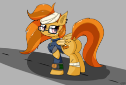 Size: 3496x2362 | Tagged: safe, artist:taurson, oc, oc only, oc:pumpkin spice, bat pony, pony, fallout equestria, bat pony oc, clothes, dock, ear piercing, fanfic art, female, high res, looking back, mare, piercing, pipbuck, raised hoof, solo