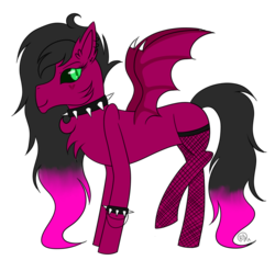 Size: 851x806 | Tagged: safe, artist:rose-blade, oc, oc only, oc:spice (demon), demon, demon pony, original species, pony, bat wings, black sclera, blank flank, bracelet, chest fluff, choker, colored sclera, ear fluff, female, fishnet stockings, jewelry, mare, raised hoof, simple background, solo, spiked choker, spiked wristband, tattoo, transparent background, wings, wristband