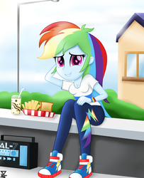 Size: 4800x5900 | Tagged: safe, artist:theretroart88, rainbow dash, equestria girls, equestria girls series, absurd resolution, boombox, clothes, converse, cup, cute, dashabetes, drink, female, food, french fries, looking at you, pants, sandwich, shoes, sitting, smiling, sneakers, solo, straw, streetlight, tray