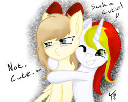 Size: 2500x2000 | Tagged: safe, artist:tunrae, oc, oc only, oc:arya, oc:qc, pegasus, pony, unicorn, blushing, bow, duo, female, high res, hug, krita, one eye closed, pouting, simple background, speech, transparent background, wink, ¬3¬