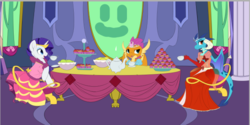 Size: 695x348 | Tagged: artist needed, safe, princess ember, rarity, smolder, g4, clothes, cup, cupcake, cute, dress, food, gala dress, jewelry, princess smolder, puffy sleeves, smiling, table, tea, tea party, teacup, teapot, tiara, twilight's castle