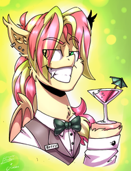 Size: 1800x2351 | Tagged: safe, artist:crimmo, artist:drizziedoodles, oc, oc:berry limeade, bat pony, pony, abstract background, alcohol, bat pony oc, bat wings, bowtie, clothes, cocktail, drink, grin, male, nameplate, shirt, smiling, vest, wings