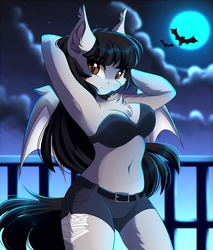 Size: 3401x3993 | Tagged: safe, artist:airiniblock, oc, oc only, bat pony, anthro, rcf community, adorasexy, anthro oc, armpits, bat pony oc, belly button, breasts, chest fluff, cleavage fluff, clothes, commission, cute, female, full moon, high res, mare, midriff, moon, night, sexy, shorts, slit pupils, solo, stars