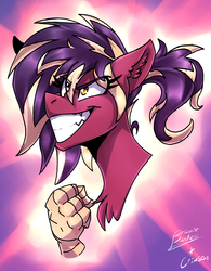 Size: 2653x3399 | Tagged: safe, artist:crimmo, artist:drizziedoodles, oc, oc:oxide, hippogriff, abstract background, bust, female, fist, grin, high res, ponytail, smiling, talons