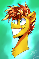 Size: 2370x3601 | Tagged: safe, artist:crimmo, artist:drizziedoodles, oc, oc:honey drizzle, pony, abstract background, bust, freckles, grin, high res, male, smiling