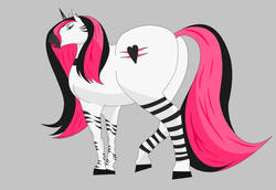 Size: 1079x741 | Tagged: safe, artist:bigboy4025, oc, oc only, oc:roxy, horse, pony, zebra, zebracorn, bedroom eyes, female, gray background, heart, horse butt, lipstick, makeup, mare, realistic, simple background, solo, the ass was fat, zebracon oc