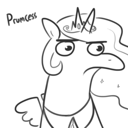 Size: 1650x1650 | Tagged: safe, artist:tjpones, princess celestia, alicorn, pony, g4, bust, crown, distorted, female, frown, glare, grumpy, jewelry, mare, monochrome, portrait, prumcess, regalia, simple background, solo, spread wings, text, unamused, wat, white background, why the long face, wings