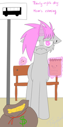 Size: 3000x6000 | Tagged: safe, artist:fajnyziomal, oc, oc only, oc:paper bag, oc:purple light, pony, unicorn, comic:świstek, bag of money, bench, bus stop, cheek fluff, cookie, female, food, levitation, magic, mare, paper bag, solo, telekinesis, unamused