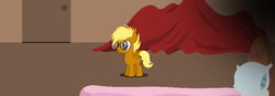 Size: 800x277 | Tagged: safe, oc, oc only, oc:tinker cloudwalk, pegasus, pony, bed, colt, cyoa, cyoa:ophan story, description is relevant, door, foal, glasses, male, pillow, solo
