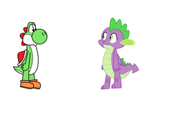 Size: 1552x1068 | Tagged: safe, artist:theawesomeguy98201, spike, dragon, yoshi, g4, crossover, looking at each other, ms paint, simple background, white background, winged spike, wings
