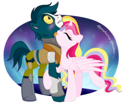 Size: 2144x1772 | Tagged: safe, artist:raspberrystudios, oc, oc:aurelia charm, alicorn, pony, alicorn oc, avocato (final space), blushing, final space, licking, lip bite, neck licking, ponified, space, tongue out
