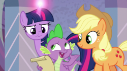 Size: 1920x1080 | Tagged: safe, screencap, applejack, spike, twilight sparkle, alicorn, dragon, earth pony, pony, g4, sparkle's seven, applejack's hat, claws, cowboy hat, glowing horn, hat, horn, scroll, smiling, tail, twilight sparkle (alicorn), winged spike, wings