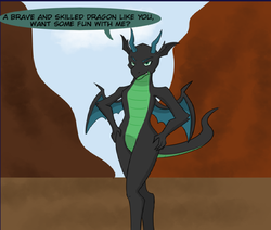 Size: 963x816 | Tagged: safe, artist:chedx, queen chrysalis, dragon, g4, cropped, disguise, disguised changeling, dragoness, dragonified, dragonlis, female, hand on hip, solo, species swap, speech bubble, upscaled