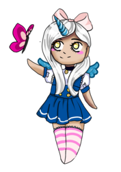 Size: 751x1063 | Tagged: safe, artist:claritycat17, oc, oc only, oc:fleurbelle, alicorn, butterfly, anthro, alicorn oc, bow, clothes, female, hair bow, mare, ribbon, simple background, socks, solo, striped socks, transparent background