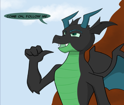 Size: 963x816 | Tagged: safe, artist:chedx, queen chrysalis, changeling, dragon, g4, cropped, disguise, disguised changeling, dragoness, dragonified, dragonlis, female, pointing at self, solo, species swap