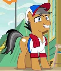 Size: 614x717 | Tagged: safe, screencap, quibble pants, earth pony, pony, common ground, g4, cap, cropped, grin, hat, male, nervous, nervous smile, smiling, solo, stallion, tent