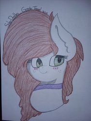 Size: 2448x3264 | Tagged: safe, artist:solardoodles, oc, oc only, oc:graph travel, pegasus, pony, choker, colored sketch, freckles, green eyes, head shot, high res, long mane, shading, sketch, smiling, solo, traditional art