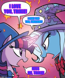 Size: 500x602 | Tagged: safe, edit, idw, trixie, twilight sparkle, pony, unicorn, g4, nightmare knights, spoiler:comic, alternate universe, duo, female, imminent kissing, lesbian, mare, meme, ship:twixie, shipping, speech bubble, the great and powerful roxy, the great and powerful twily