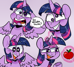 Size: 1554x1424 | Tagged: safe, artist:incubugs, artist:mega-bugsly, twilight sparkle, alicorn, pony, g4, apple, colored background, derp, female, food, glowing horn, heart eyes, horn, levitation, magic, smiling, solo, telekinesis, twilight snapple, twilight sparkle (alicorn), twilynanas, wingding eyes