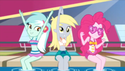 Size: 1280x720 | Tagged: safe, screencap, derpy hooves, lyra heartstrings, pinkie pie, equestria girls, g4, i'm on a yacht, my little pony equestria girls: better together, bikini, bikini top, clothes, female, glasses, heart shaped glasses, one-piece swimsuit, sunglasses, swimsuit, trio, trio female, vip