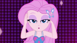 Size: 1920x1080 | Tagged: safe, screencap, fluttershy, equestria girls, equestria girls series, i'm on a yacht, spoiler:eqg series (season 2), beautiful, clothes, dress, female, geode of fauna, lidded eyes, looking at you, magical geodes, neon eg logo, sexy, sleeveless, solo