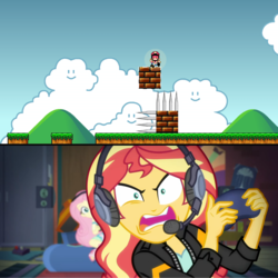 Size: 1920x1922 | Tagged: safe, edit, screencap, fluttershy, sunset shimmer, equestria girls, equestria girls series, g4, game stream, spoiler:eqg series (season 2), controller, crossover, death, headphones, male, mario, nintendo, screaming, spikes, sunset shimmer frustrated at game, super mario bros., unfair mario