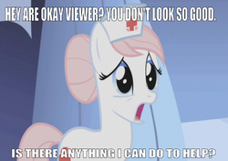 Size: 668x474 | Tagged: safe, edit, edited screencap, editor:undeadponysoldier, screencap, nurse redheart, earth pony, pony, applebuck season, g4, concerned, female, hair bun, hat, looking at you, mare, nurse hat, open mouth, ponyville hospital, solo, talking to viewer