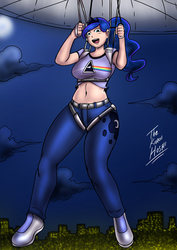 Size: 1414x2000 | Tagged: safe, artist:dakuroihoshi, princess luna, human, g4, belly button, breasts, busty princess luna, city, cityscape, clothes, cloud, cutie mark on clothes, humanized, jeans, midriff, moon, night, pants, parachute, pink floyd, shirt, short shirt, skydiving, t-shirt, the ass was fat, the dark side of the moon