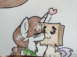 Size: 1227x920 | Tagged: safe, artist:paper view of butts, oc, oc:paper bag, oc:paper butt, pony, unicorn, bag, blushing, close-up, clothes, colored, glasses, heart, horn, ink, ink drawing, jacket, kissing, oc x oc, paper bag, shipping, simple background, traditional art