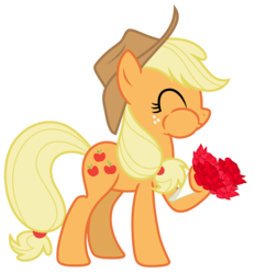 Size: 6995x7548 | Tagged: safe, artist:estories, applejack, earth pony, pony, g4, absurd resolution, applejack's hat, aweeg*, bouquet, cowboy hat, eating, eating flower, eyes closed, female, flower, hat, herbivore, horses doing horse things, mare, puffy cheeks, rose, silly, silly pony, simple background, solo, transparent background, vector, who's a silly pony