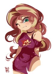 Size: 742x1024 | Tagged: safe, artist:tohupo, sunset shimmer, equestria girls, equestria girls series, spring breakdown, spoiler:eqg series (season 2), clothes, dress, female, looking at you, one eye closed, simple background, solo, white background, wink