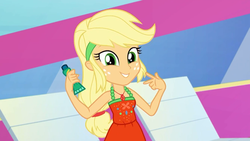 Size: 1920x1080 | Tagged: safe, screencap, applejack, equestria girls, equestria girls series, g4, i'm on a yacht, spoiler:eqg series (season 2), beautiful, blonde, clothes, cute, dress, female, freckles, geode of super strength, hatless, jackabetes, looking at you, magical geodes, missing accessory, sleeveless, smiling, solo, sunscreen, swag